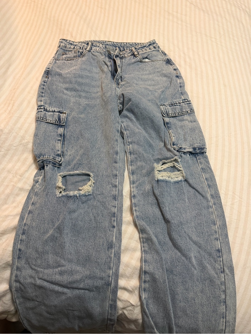 Light Blue Distressed Boyfriend Cargo Jeans for Women